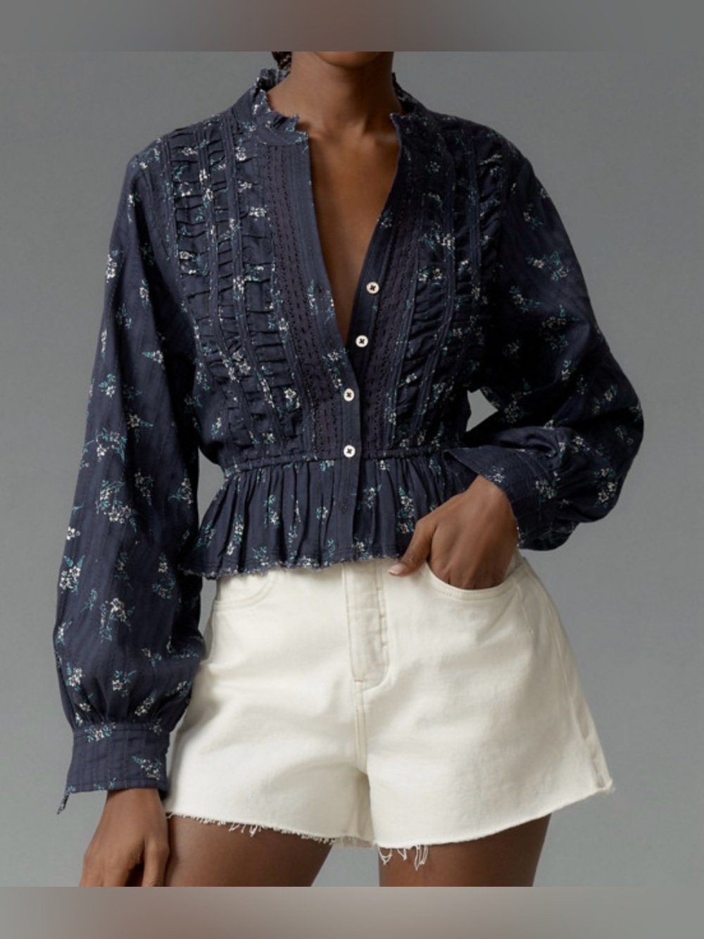 Pilcro by Anthropologie Navy Floral Pintuck Peplum Button-Front Blouse - Size XL